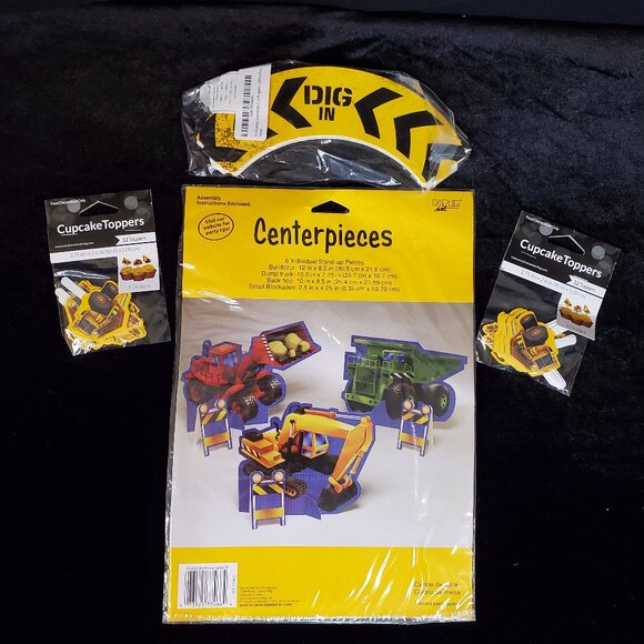 Other - Construction Birthday Party Supplies Centerpiece Cupcake Toppers Wrappers NWT